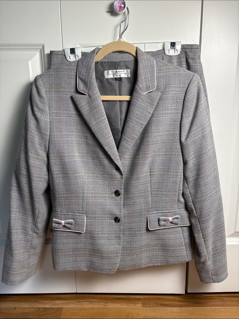 Tahari Petite Gray Plaid Women's Suit with Subtle Pink, Baby Blue & Beige Trim